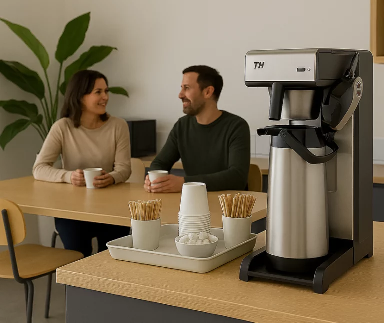 A man and a woman sitting at a breakroom table talking over coffee, with a TH series filter coffee brewer and a service tray in the foreground.