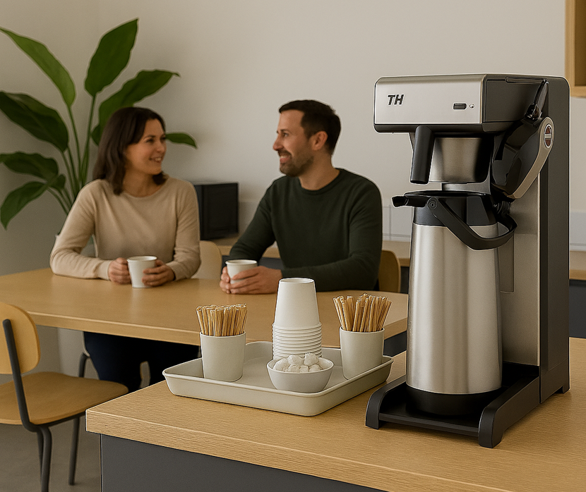 A man and a woman sitting at a breakroom table talking over coffee, with a TH series filter coffee brewer and a service tray in the foreground.