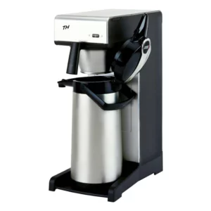 Full view of a silver and charcoal Bravilor Bonamat TH filter coffee machine with an open brew head and a large stainless steel thermal airpot.