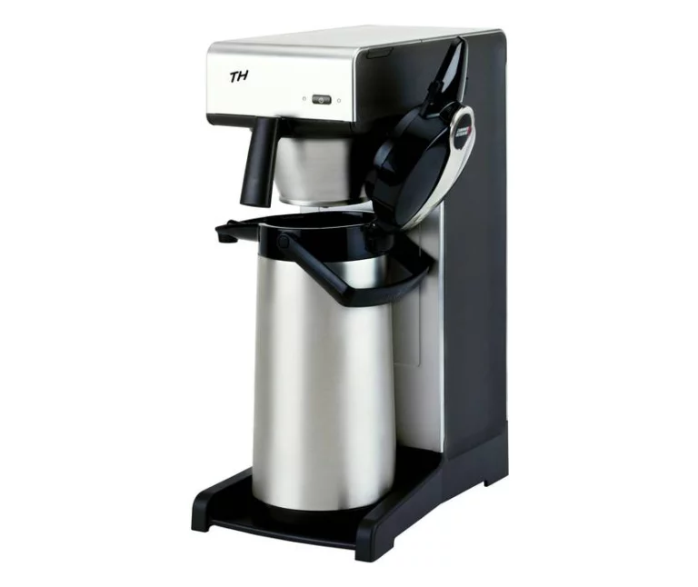 Full view of a silver and charcoal Bravilor Bonamat TH filter coffee machine with an open brew head and a large stainless steel thermal airpot.