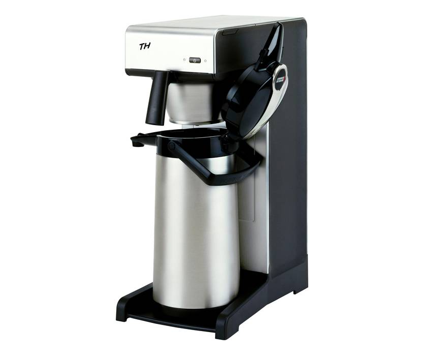 Full view of a silver and charcoal Bravilor Bonamat TH filter coffee machine with an open brew head and a large stainless steel thermal airpot.