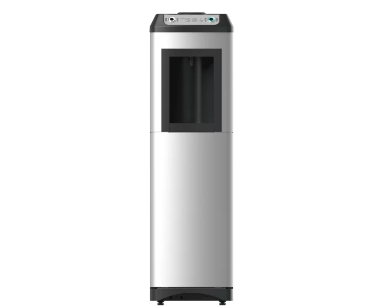 A front-facing view of a Oasis KaliX Water Cooler with a black top panel featuring infrared sensor icons for touch-free water dispensing.