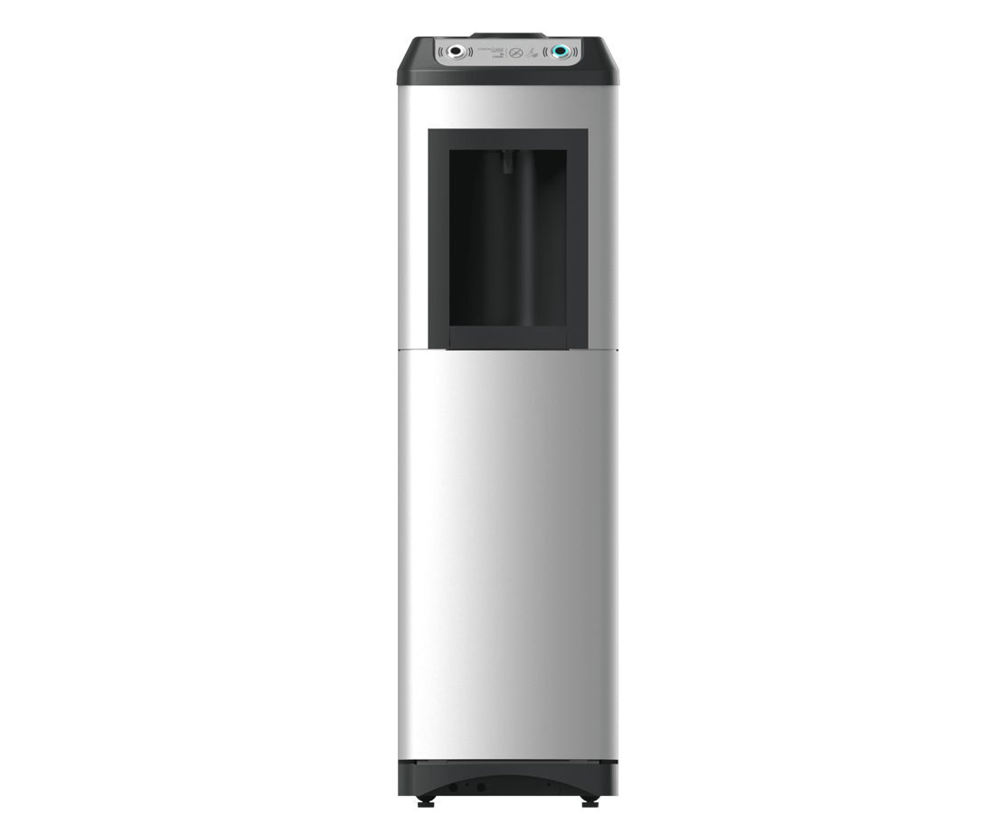 A front-facing view of a Oasis KaliX Water Cooler with a black top panel featuring infrared sensor icons for touch-free water dispensing.
