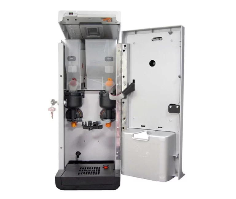 Internal view of a Rhea Lio Instant Coffee back with the front door open, showing two transparent powder canisters and a mixing system.