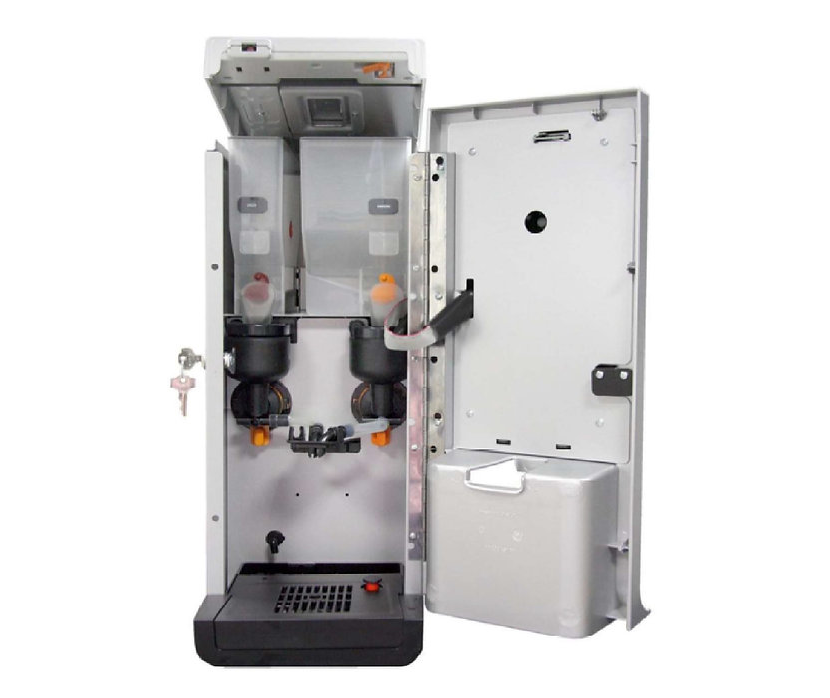 Internal view of a Rhea Lio Instant Coffee back with the front door open, showing two transparent powder canisters and a mixing system.