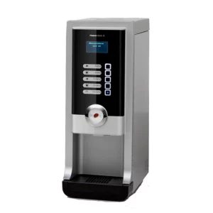 A slim, silver countertop beverage Rhea Lio instant coffee maker with a black front panel, featuring five selection buttons for Barley and Ginseng drinks.