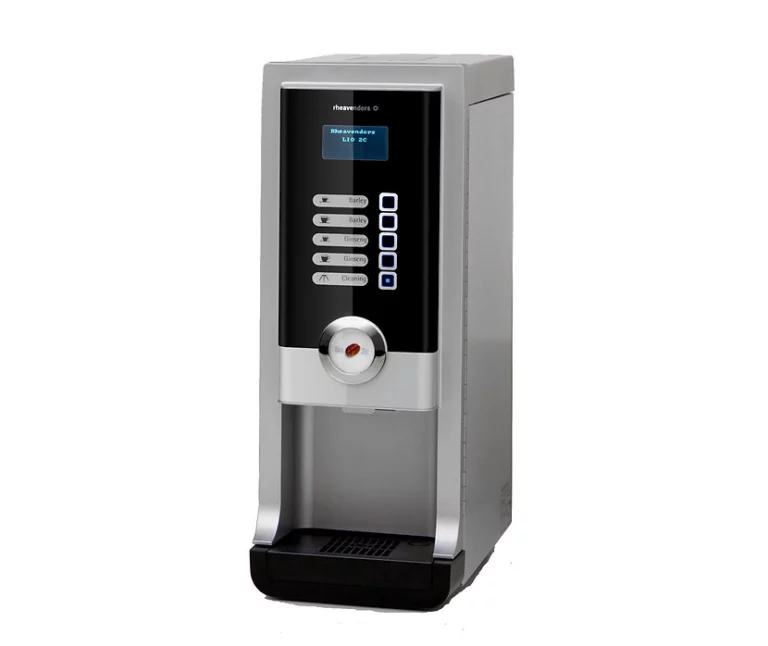 A slim, silver countertop beverage Rhea Lio instant coffee maker with a black front panel, featuring five selection buttons for Barley and Ginseng drinks.