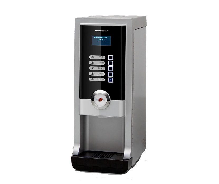 A slim, silver countertop beverage Rhea Lio instant coffee maker with a black front panel, featuring five selection buttons for Barley and Ginseng drinks.
