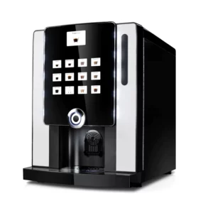A 3/4 angle view of a Instant Coffee Machine with a large integrated touch-panel display and a high-gloss black finish.