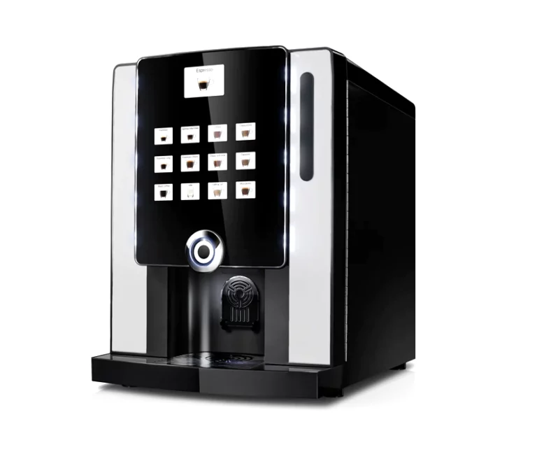 A 3/4 angle view of a Instant Coffee Machine with a large integrated touch-panel display and a high-gloss black finish.
