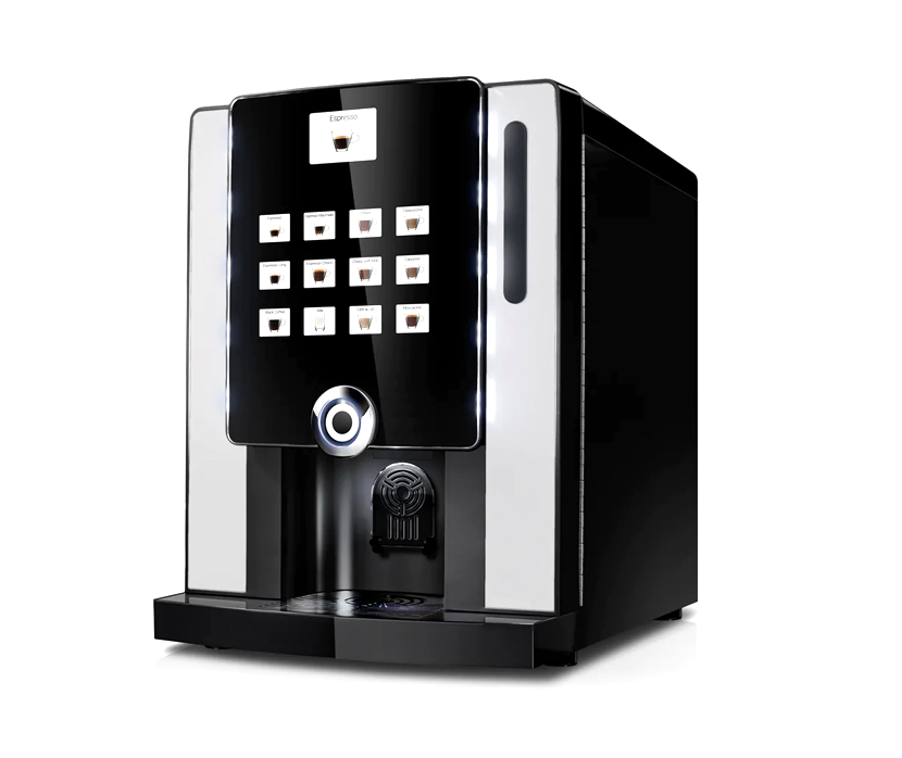 A 3/4 angle view of a Instant Coffee Machine with a large integrated touch-panel display and a high-gloss black finish.
