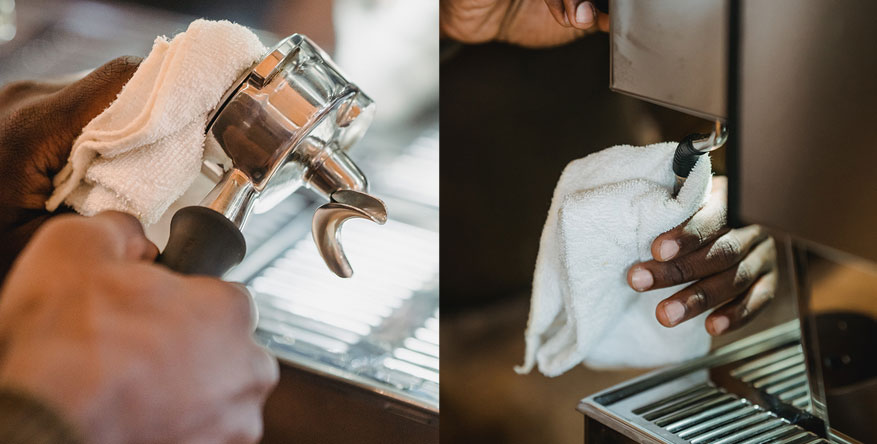 A split-screen image showing close-ups of a person cleaning professional coffee equipment.