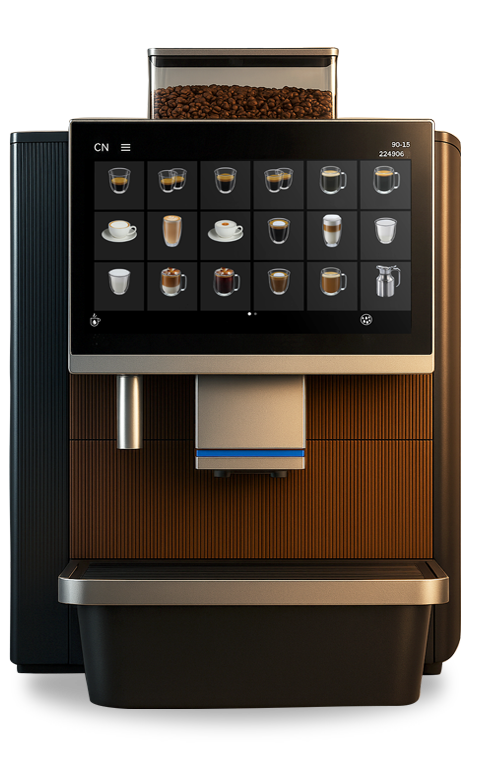 A front-facing view of a sleek, modern commercial espresso machine. The machine features a large digital touchscreen interface displaying various drink icons, a clear bean hopper on top filled with dark roasted coffee beans, and a wood-textured front panel.