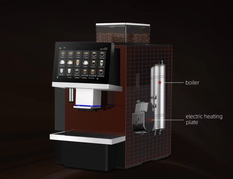 A side-profile illustration of a high-end, automatic coffee machine against a dark brown background, with a partial "x-ray" or cutaway view revealing internal components labeled "boiler" and "electric heating plate".