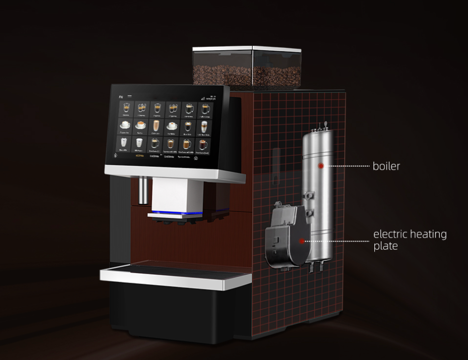 A side-profile illustration of a high-end, automatic coffee machine against a dark brown background, with a partial "x-ray" or cutaway view revealing internal components labeled "boiler" and "electric heating plate".