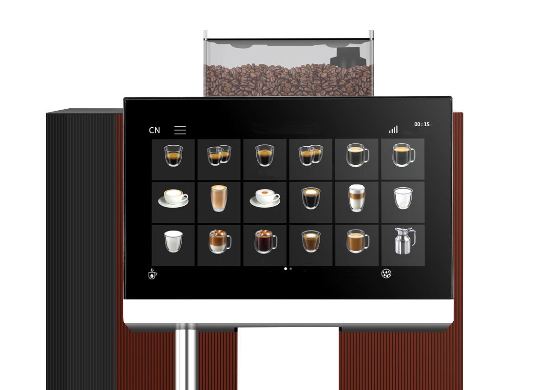 A close-up horizontal shot of the control panel of a professional coffee machine against a white background. A large black touchscreen displays a grid of eighteen different beverage options, including espresso, lattes, and cappuccinos.