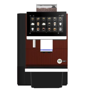 A professional front-facing product shot of the F-1000 bean-to-cup coffee machine, featuring a rich wood-grain finish on the front panel and a large touch screen displaying various coffee beverage icons.