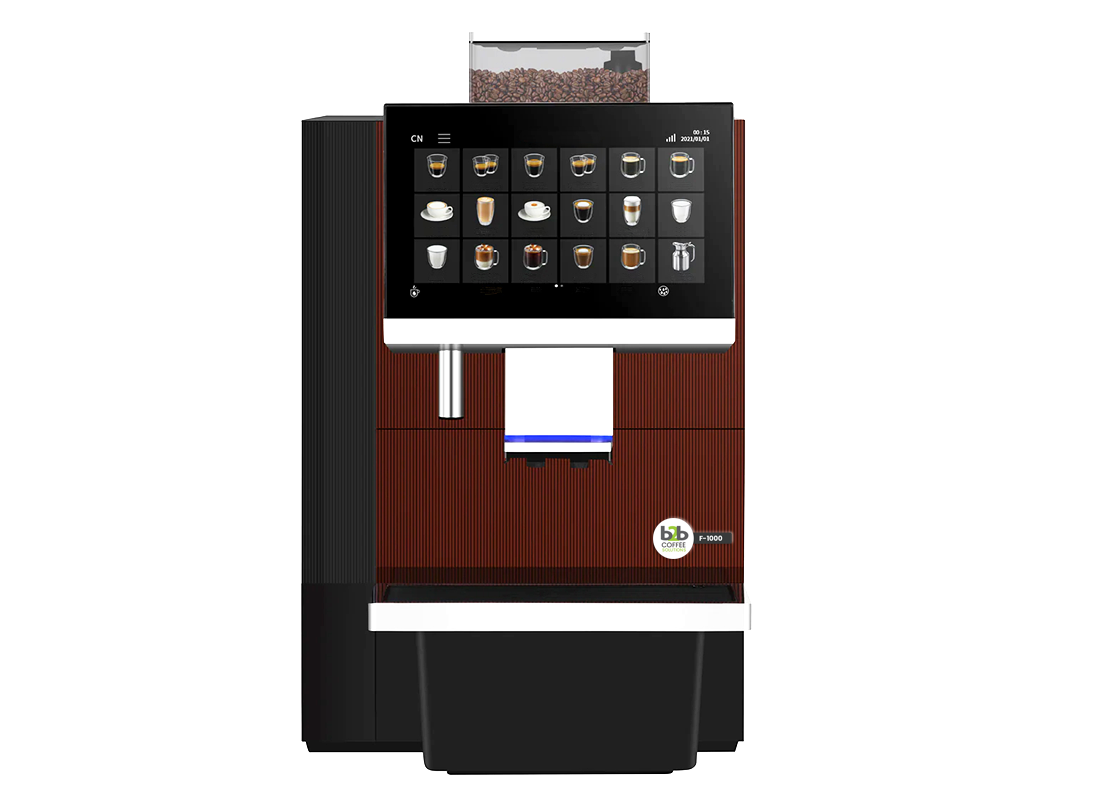 A professional front-facing product shot of the F-1000 bean-to-cup coffee machine, featuring a rich wood-grain finish on the front panel and a large touch screen displaying various coffee beverage icons.