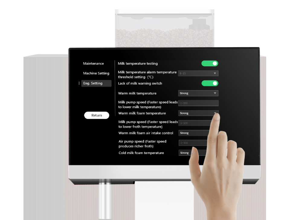 Digital touchscreen of a F100 Fionn Fully Automatic Commercial Bean to Cup Coffee Machine displaying a grid of 18 drink icons, including espresso and lattes, below a clear hopper of coffee beans.