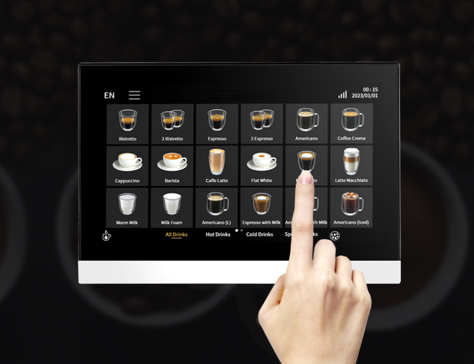 A hand selecting a "Macchiato" from a digital F16 touch screen menu. The screen shows icons for Ristretto, Espresso, Cappuccino, and more.