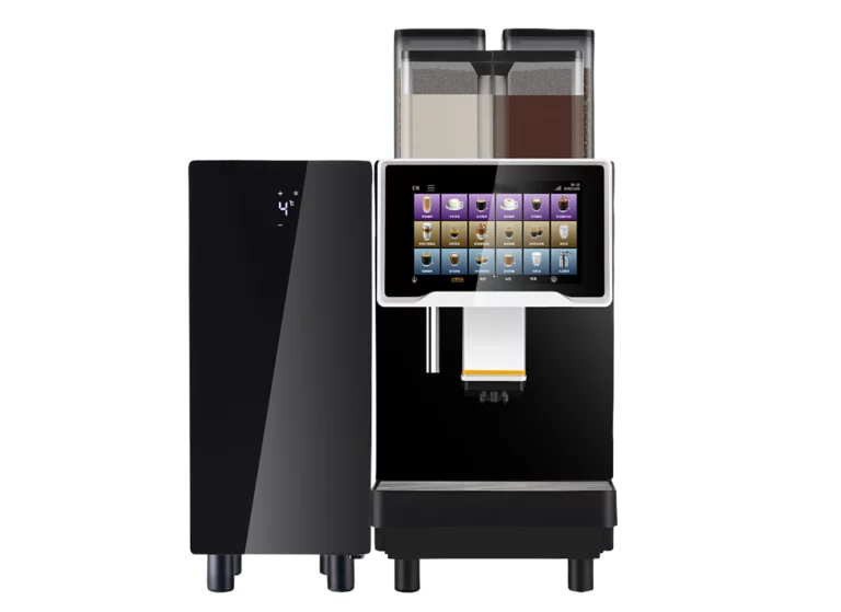 A F30 L2000 Bean to Cup Coffee Machine with front fridge with dual bean hoppers standing next to a slim, black milk refrigerator displaying a digital temperature of 4°C.