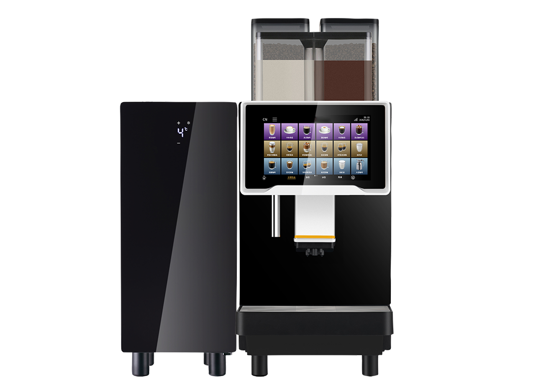 A F30 L2000 Bean to Cup Coffee Machine with front fridge with dual bean hoppers standing next to a slim, black milk refrigerator displaying a digital temperature of 4°C.