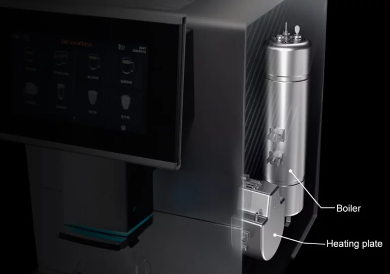 A cross-section or transparent view of a modern coffee machine, highlighting its internal components against a dark background.