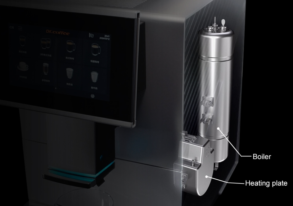 A cross-section or transparent view of a modern coffee machine, highlighting its internal components against a dark background.