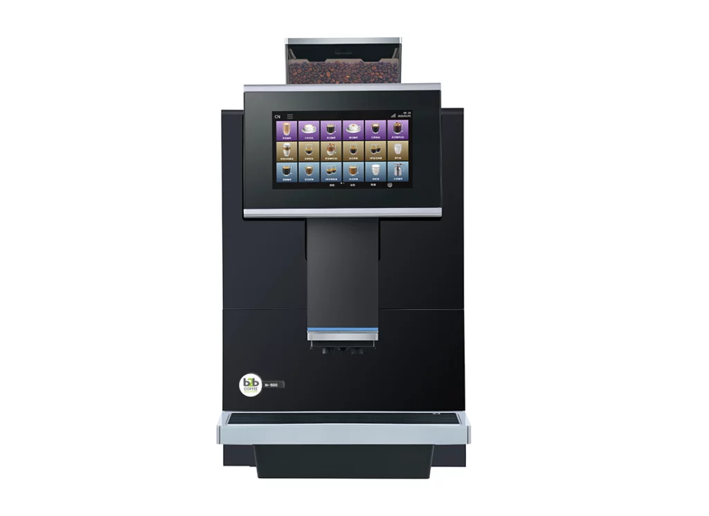 A professional front-facing product shot of the N-500 Compact Bean to Cup Coffee Machine, featuring a large panoramic touch screen with a diverse drink menu and a sleek matte black and silver chassis.