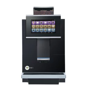 A professional front-facing product shot of the N-500 Compact Bean to Cup Coffee Machine, featuring a large panoramic touch screen with a diverse drink menu and a sleek matte black and silver chassis.