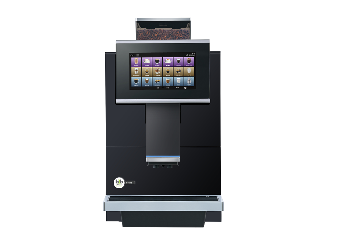A professional front-facing product shot of the N-500 Compact Bean to Cup Coffee Machine, featuring a large panoramic touch screen with a diverse drink menu and a sleek matte black and silver chassis.
