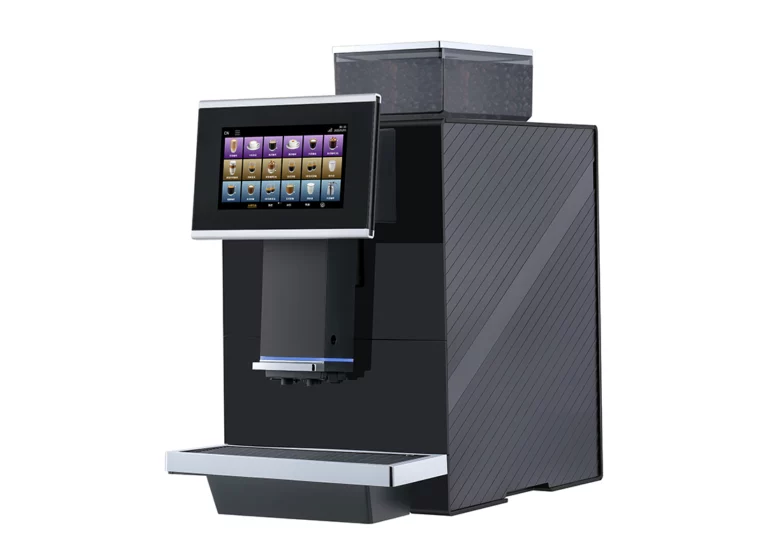 A 3/4 angle view of a N500 Neasa Bean to Cup Commercial Coffee Machine with diagonal textured side panels, a protruding touchscreen, and a top bean hopper.