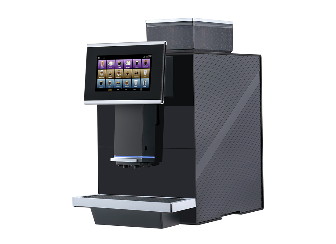 A 3/4 angle view of a N500 Neasa Bean to Cup Commercial Coffee Machine with diagonal textured side panels, a protruding touchscreen, and a top bean hopper.