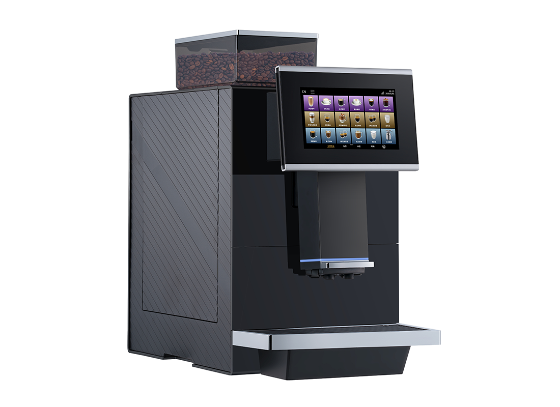 A 3/4 angle view from the right side of a N500 Neasa Commercial Coffee Machine , showing the diagonal textured side panel and the digital drink menu.