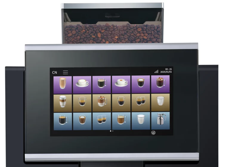 Close-up of a N500 Neasa Bean to Cup Commercial Coffee Machine digital screen featuring a colorful grid of drink icons against purple, gold, and blue background gradients.