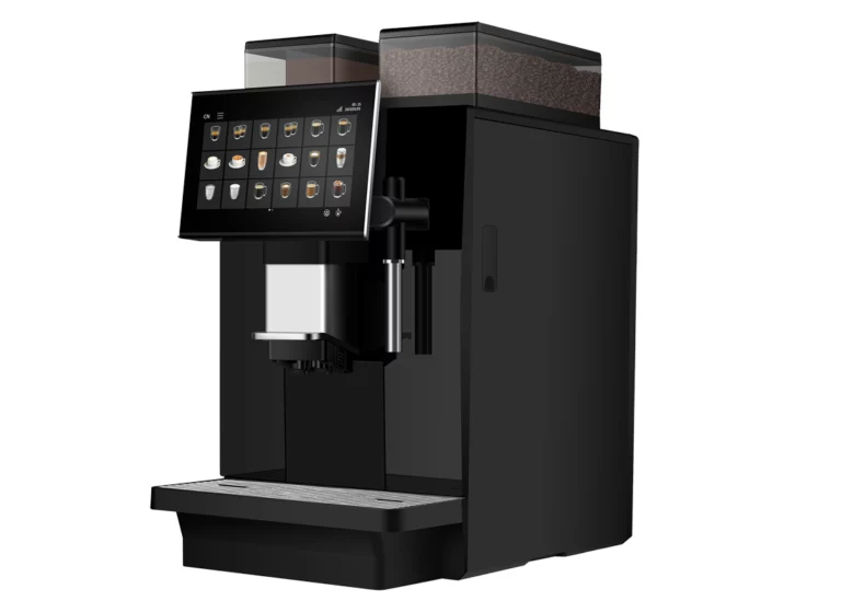 A 3/4 angle view of an all-black professional B1500 coffee machine with two bean hoppers, a large touchscreen, and a silver steam wand.