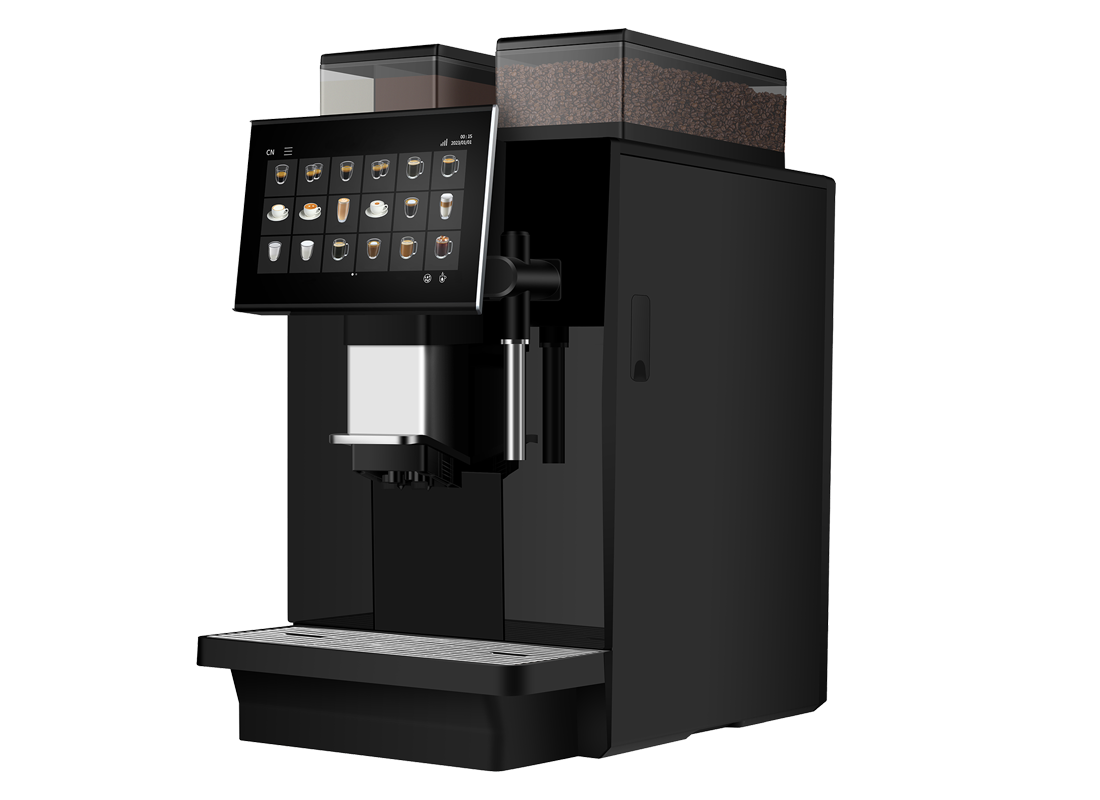A 3/4 angle view of an all-black professional B1500 coffee machine with two bean hoppers, a large touchscreen, and a silver steam wand.