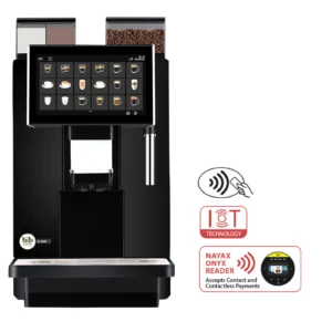 A front-facing office coffee machine shot of the B-1500 bean-to-cup coffee machine with two separate ingredient hoppers, a large digital touch menu, and icons for IoT technology and Nayax contactless payment.