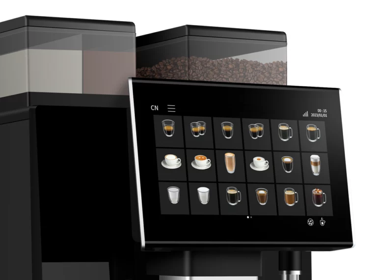 Close-up of a B1500 coffee machine's touchscreen displaying a grid of drink icons on a black background, with two clear ingredient hoppers visible above it.