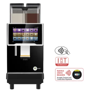 A front-facing product shot of the L-2000 Hot and Cold Froth Commercial Coffee Machine with a large touch screen, featuring icons for contactless payment, IoT technology, and a Nayax Onyx reader.