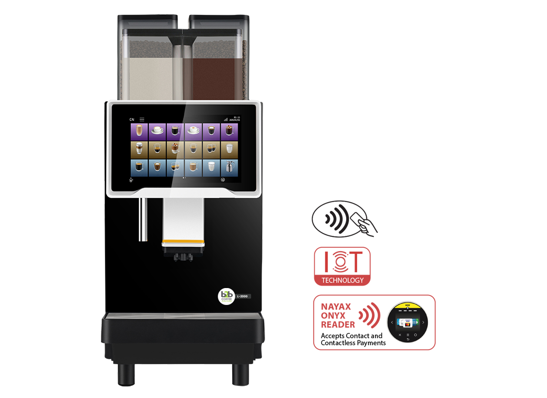A front-facing product shot of the L-2000 Hot and Cold Froth Commercial Coffee Machine with a large touch screen, featuring icons for contactless payment, IoT technology, and a Nayax Onyx reader.