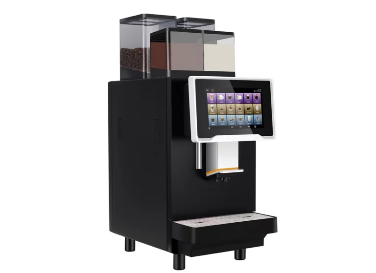 A Lir 2000 coffee machine with four transparent top hoppers containing beans and powders, featuring a large tablet-style touch screen display.