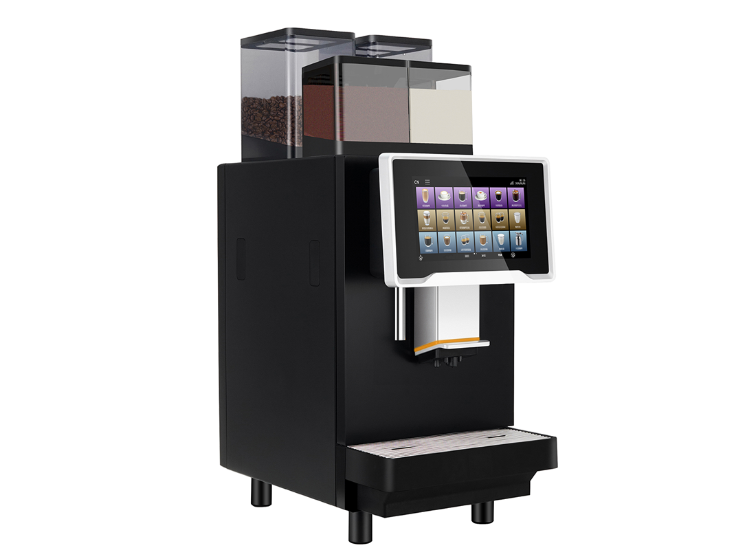 A Lir 2000 coffee machine with four transparent top hoppers containing beans and powders, featuring a large tablet-style touch screen display.