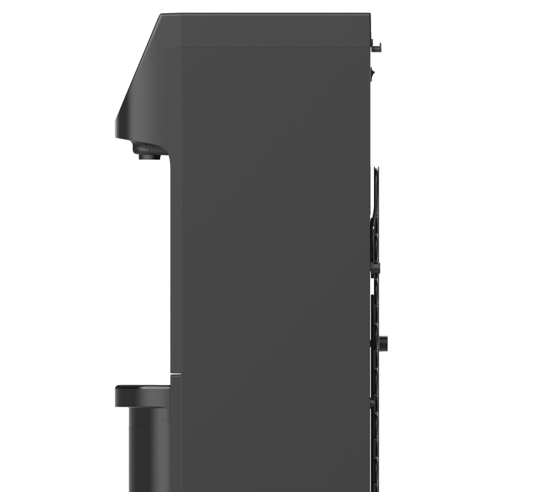 A side profile view of an Oasis Danu Water Cooler unit, showing the overhang of the front dispensing head and the rear-mounted condenser coils.