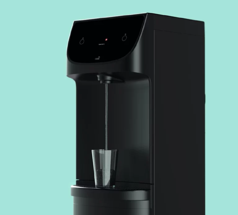 A slim, Oasis Danu Water Cooler floor-standing model that streams water into a glass, set against a teal background.