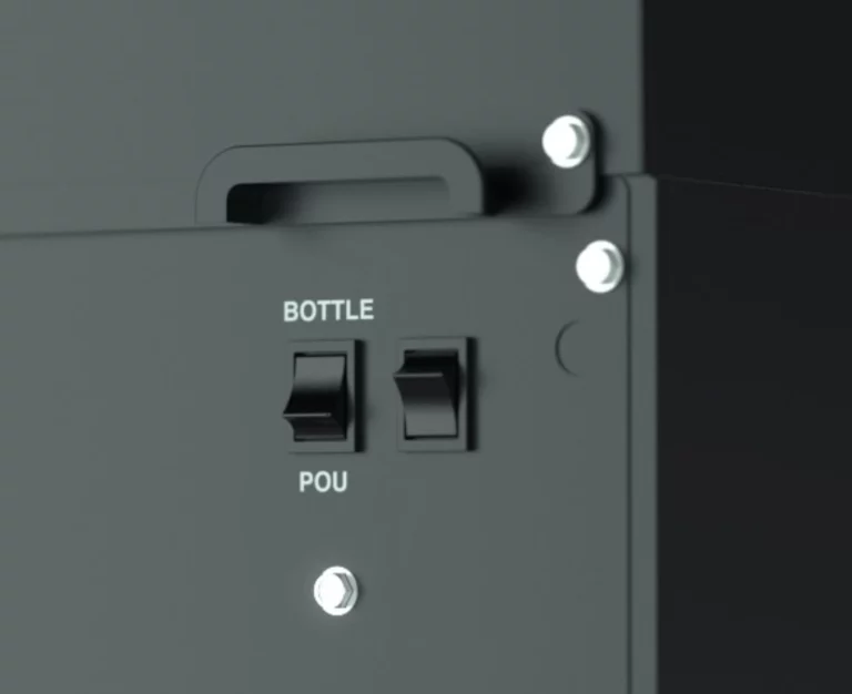 A slim, Danu Water Cooler, a stream of water into a glass, set against a teal background.