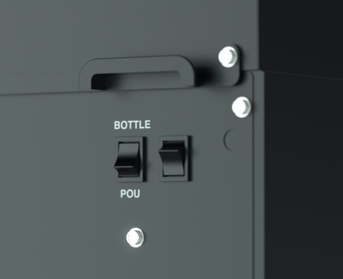 A slim, Danu Water Cooler, a stream of water into a glass, set against a teal background.