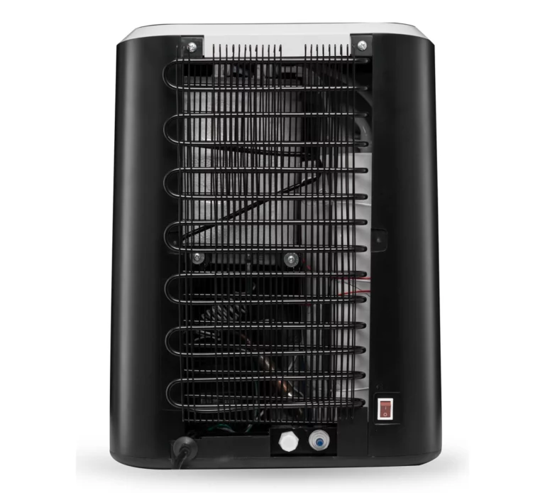 Rear view of a Polaris Water Cooler showing a large black condenser coil, an illuminated red power switch, and water inlet/outlet ports at the bottom.