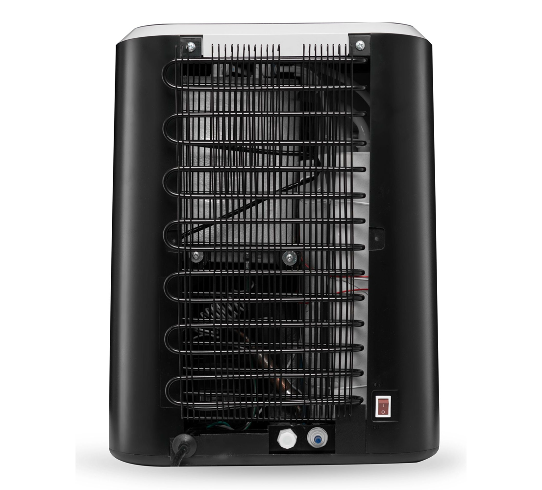 Rear view of a Polaris Water Cooler showing a large black condenser coil, an illuminated red power switch, and water inlet/outlet ports at the bottom.