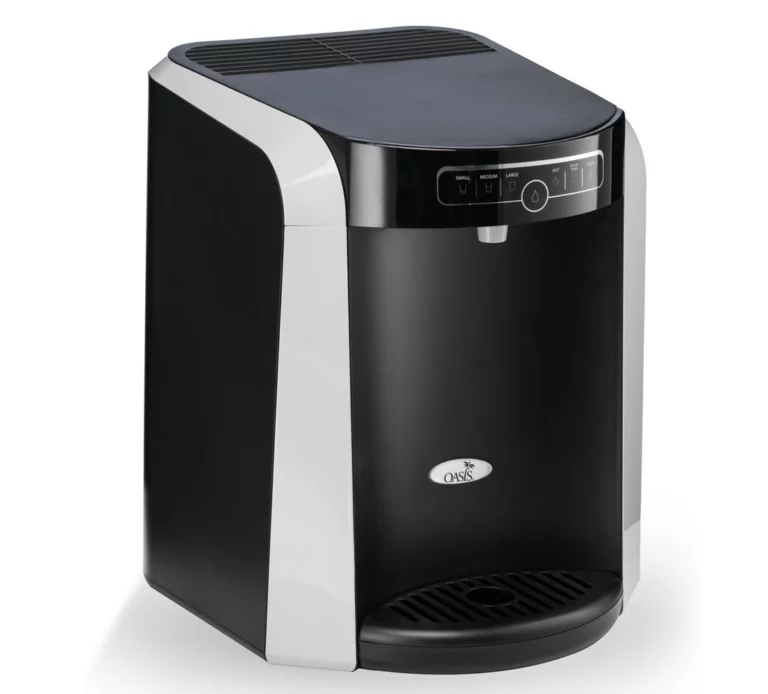 A Polaris Office Water Cooler countertop water dispenser with a curved front, featuring a top-mounted touch control panel and an Oasis brand logo.
